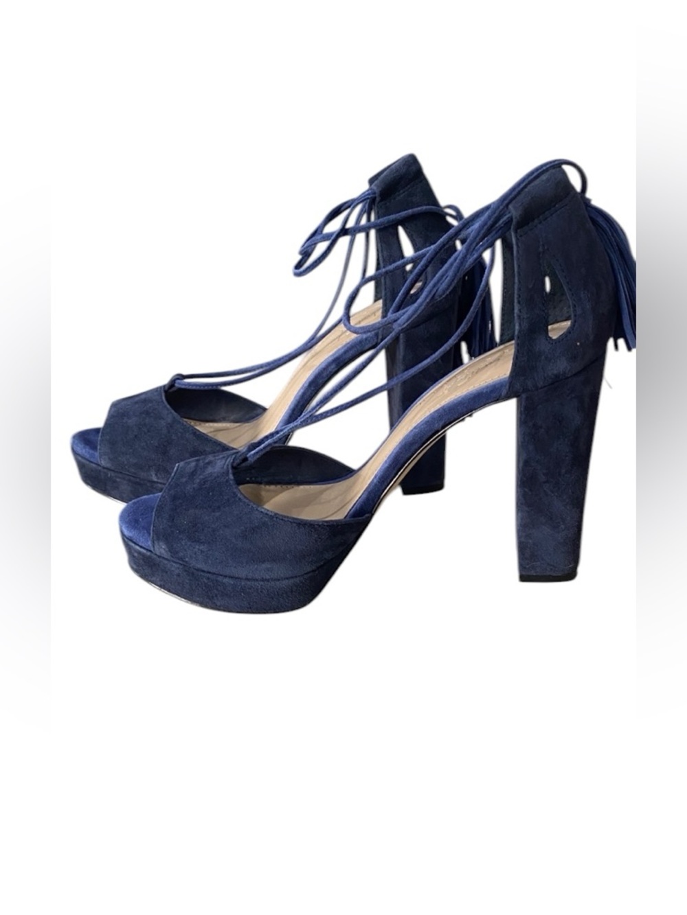Lord & Taylor Woman’s Mara Navy Suede Platform Lace-Up Heels with Tassels 7.5